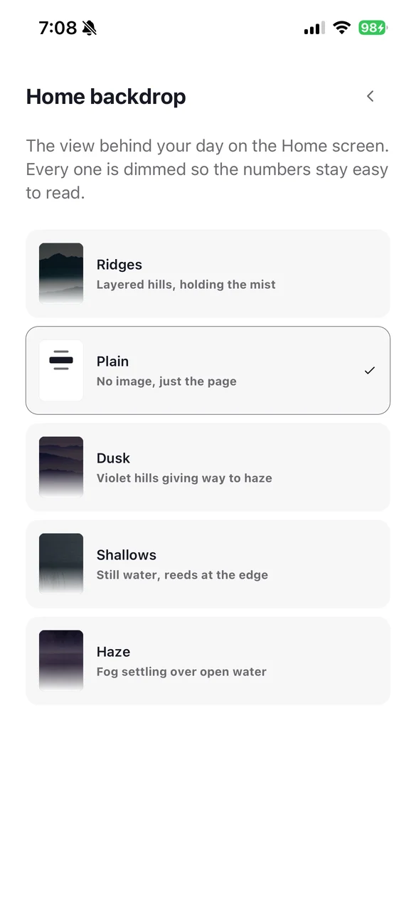 Home backdrop settings: Ridges, Plain, Dusk, Shallows, Haze