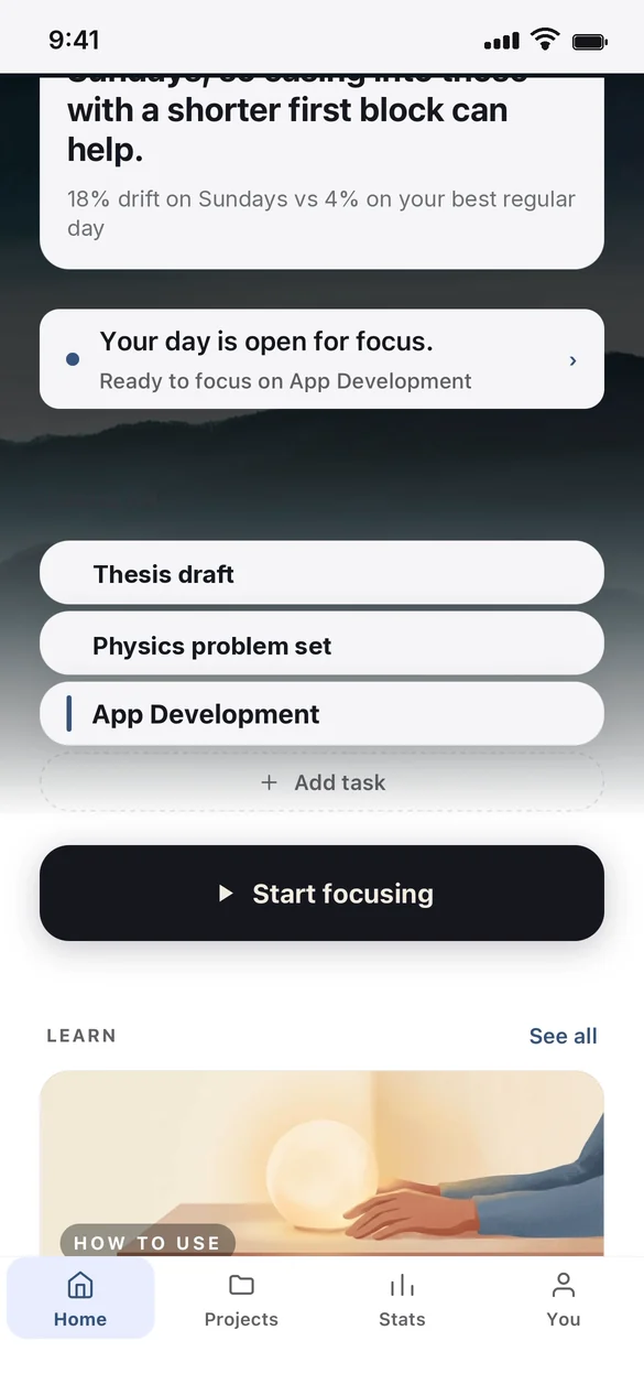Observatory's Home screen with tasks